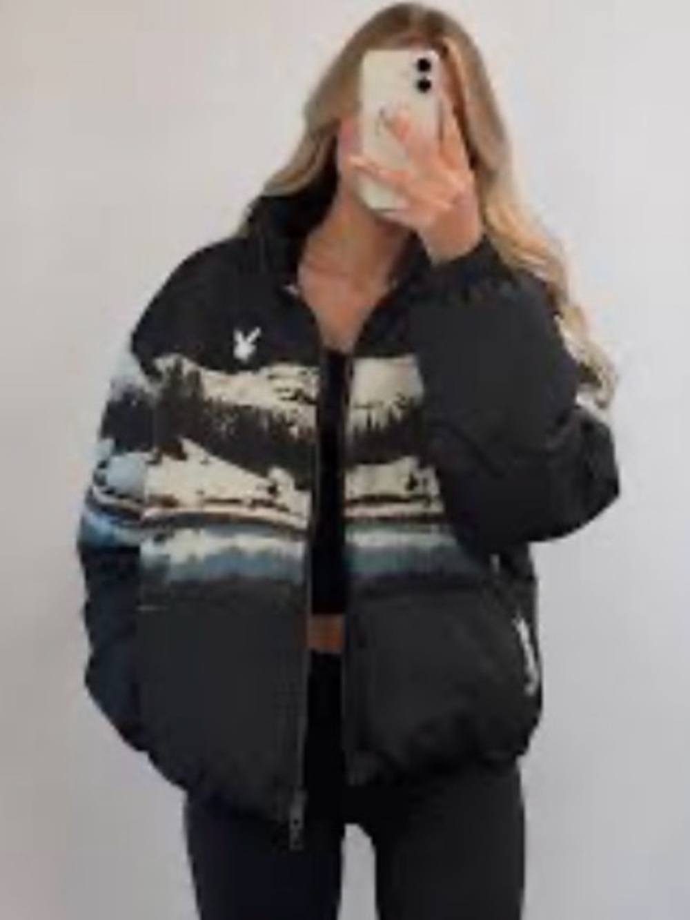 PLAYBOY X PACSUN Black Puffer Jacket with Cream and Blue Graphic